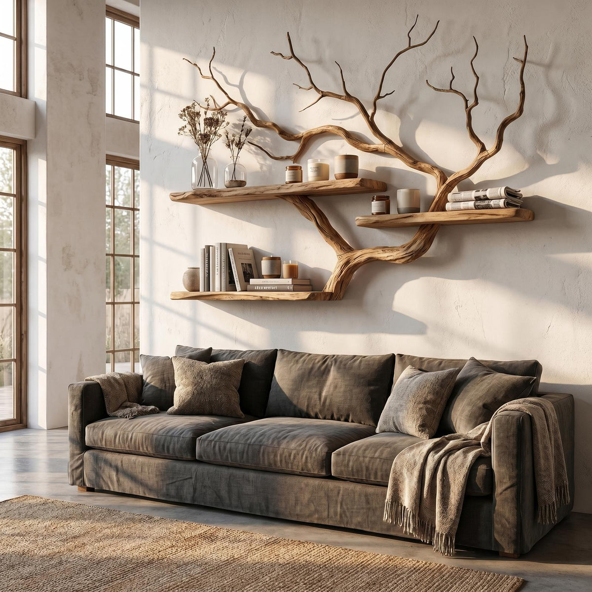 Handcrafted Tree Branch Floating Shelf For Living Room Decor