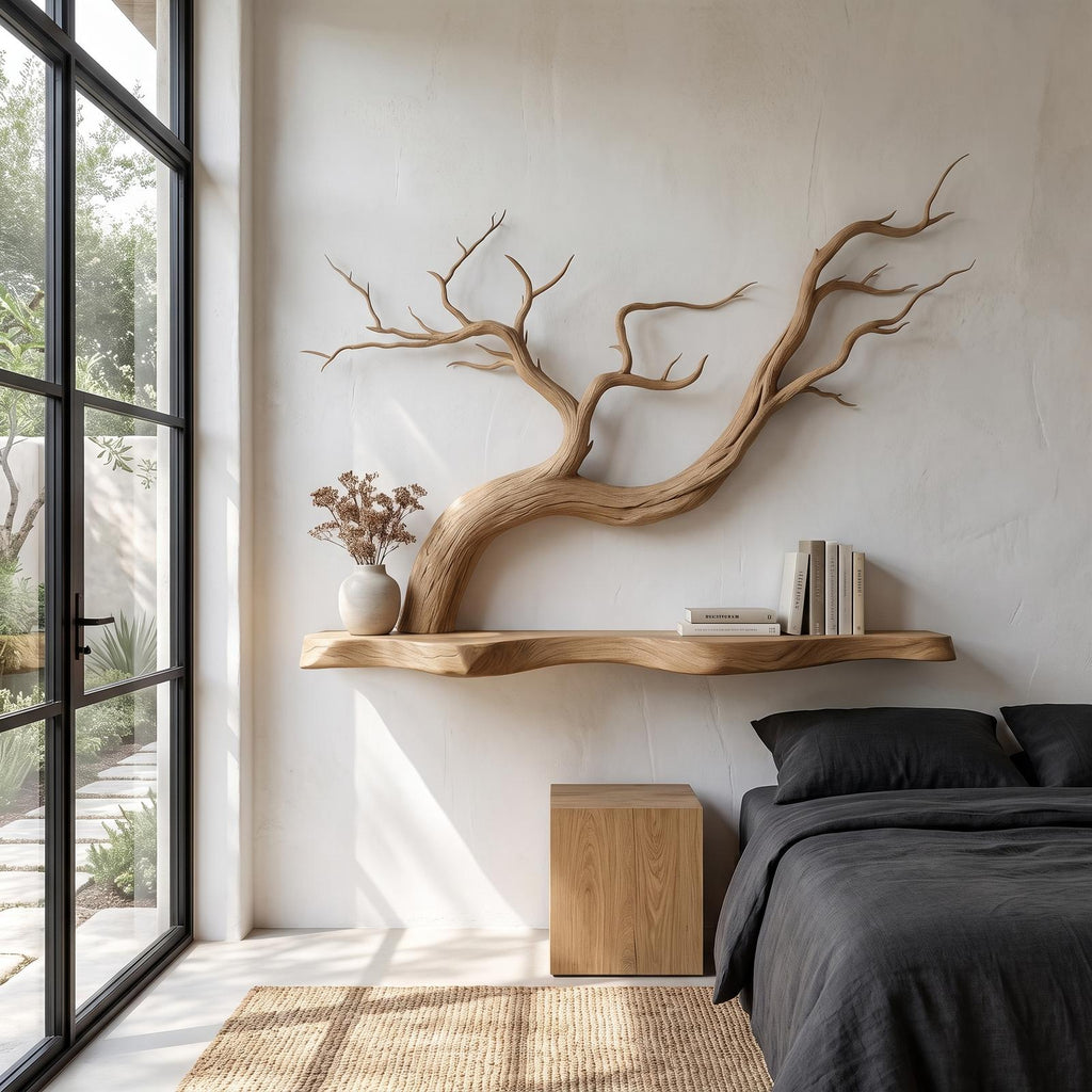 Handcrafted Floating Shelf With Sculptural Tree Branch Form For Living Room