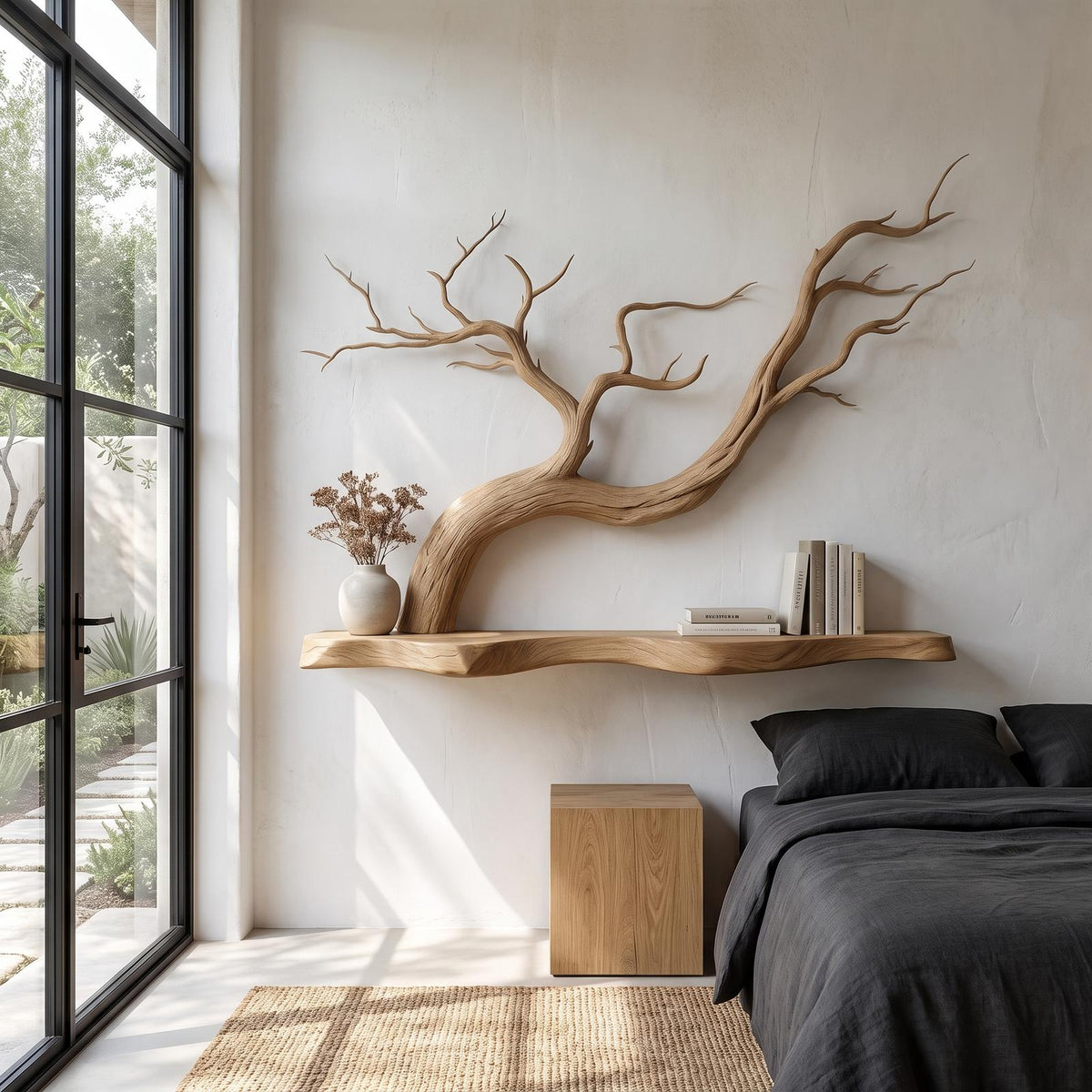 Handcrafted Floating Shelf With Sculptural Tree Branch Form For Living Room