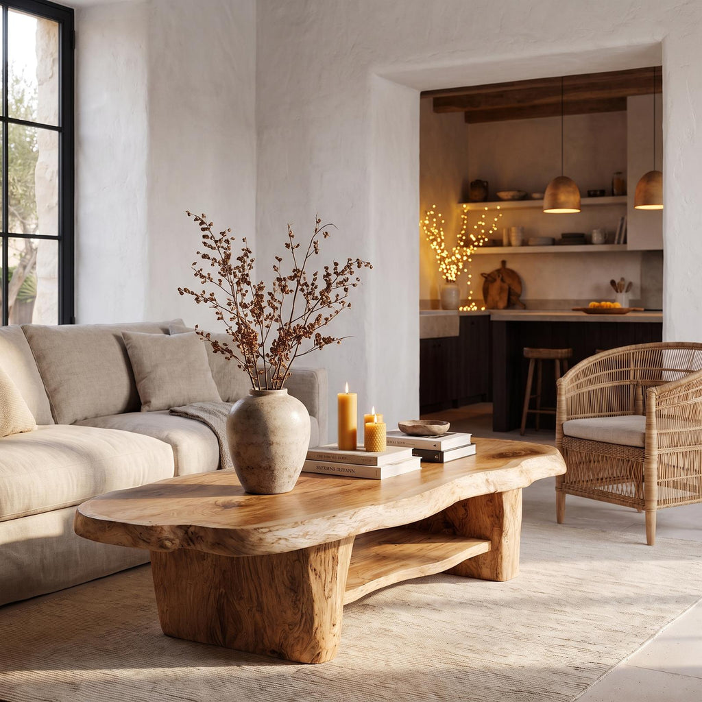 Nature Inspired Coffee Table With Sculptural Wood Base For Living Room