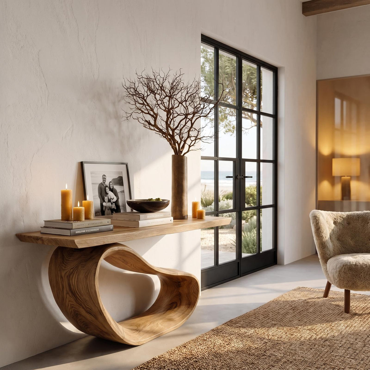 Minimalist Console Table With Sculptural Wood Base For Entryway
