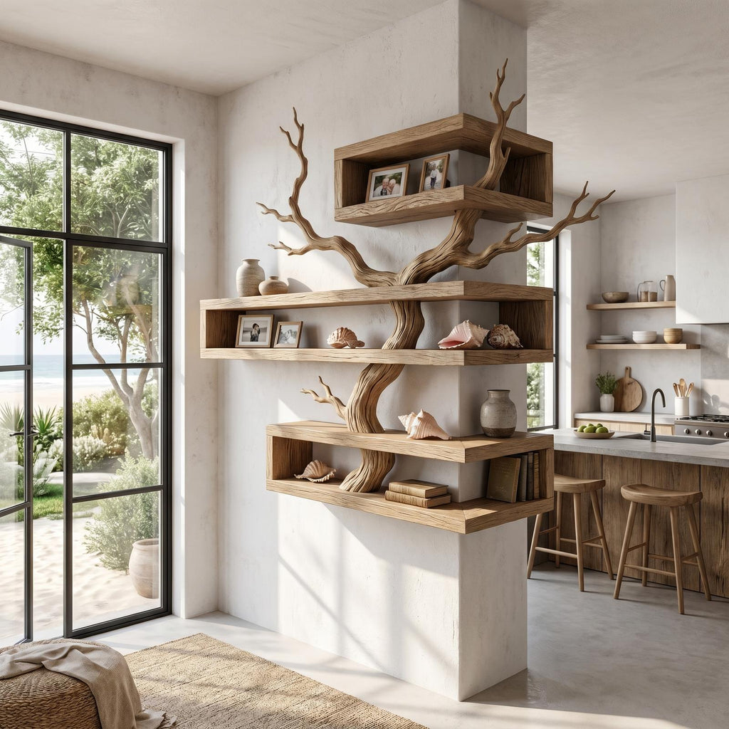 Rustic Corner Floating Shelf With Artistic Branch Shelves For Living Room
