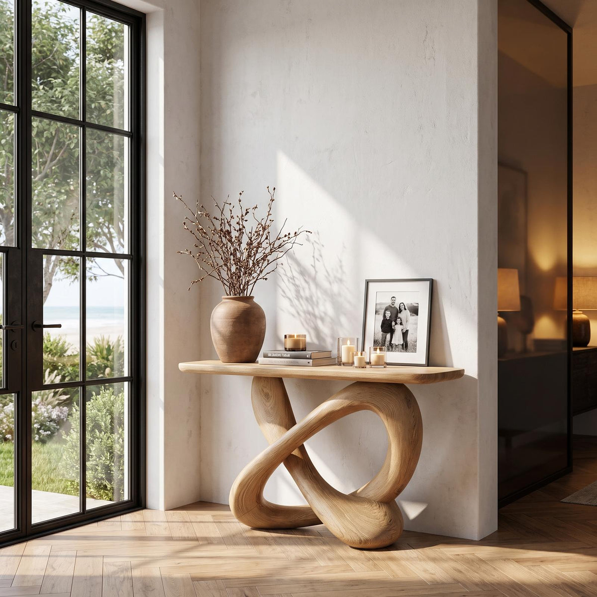 Modern Console Table With Twisted Ribbon Wood Base For Entryway