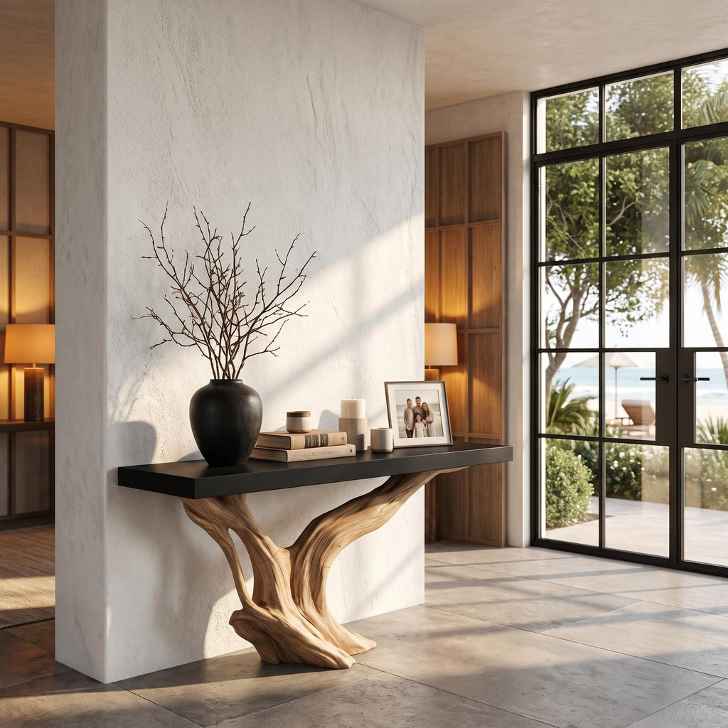 Organic Wall Mounted Console Table With Sculptural Wood Base For Hallway