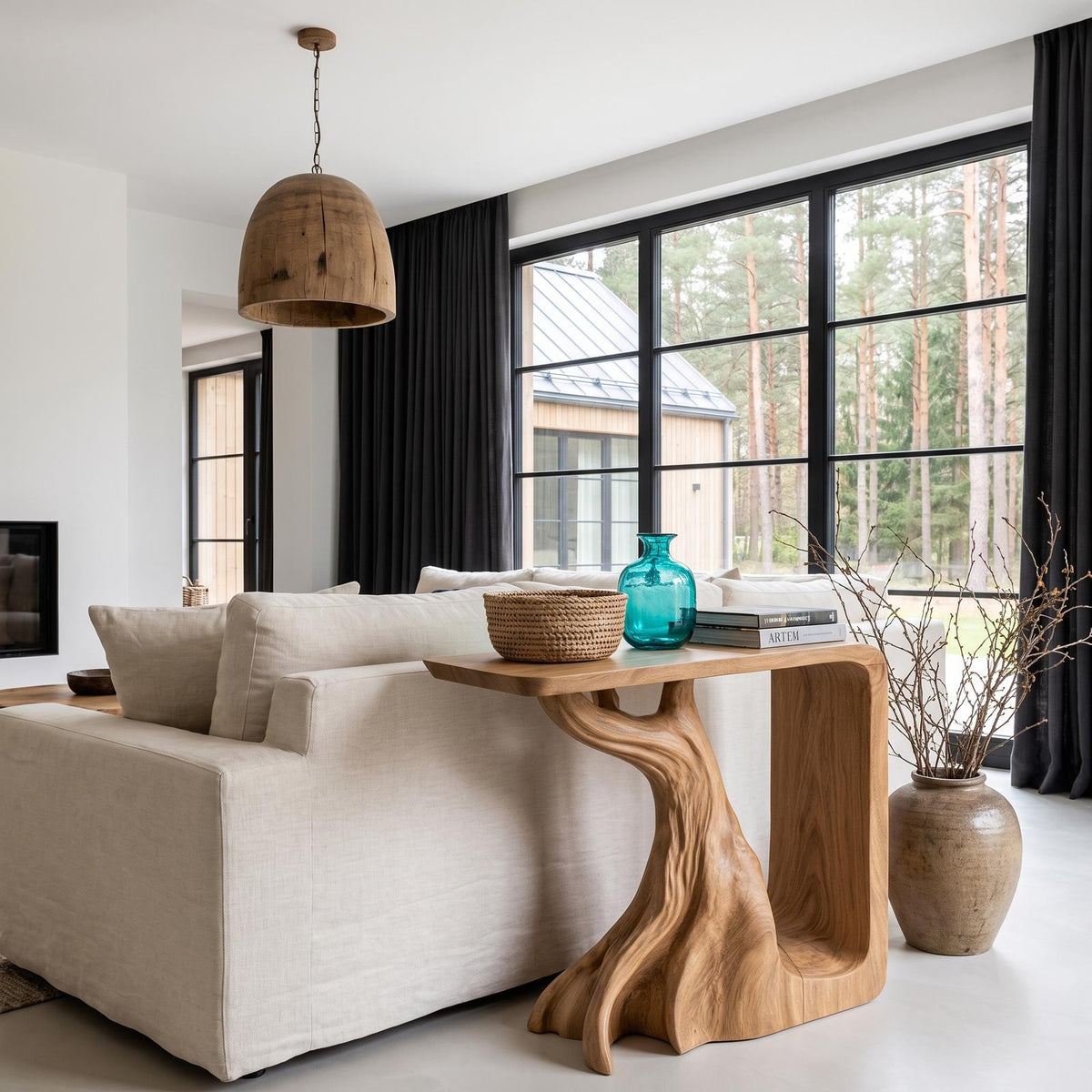 Rustic Sculptural Bedside Table With Root Inspired Base For Living Room