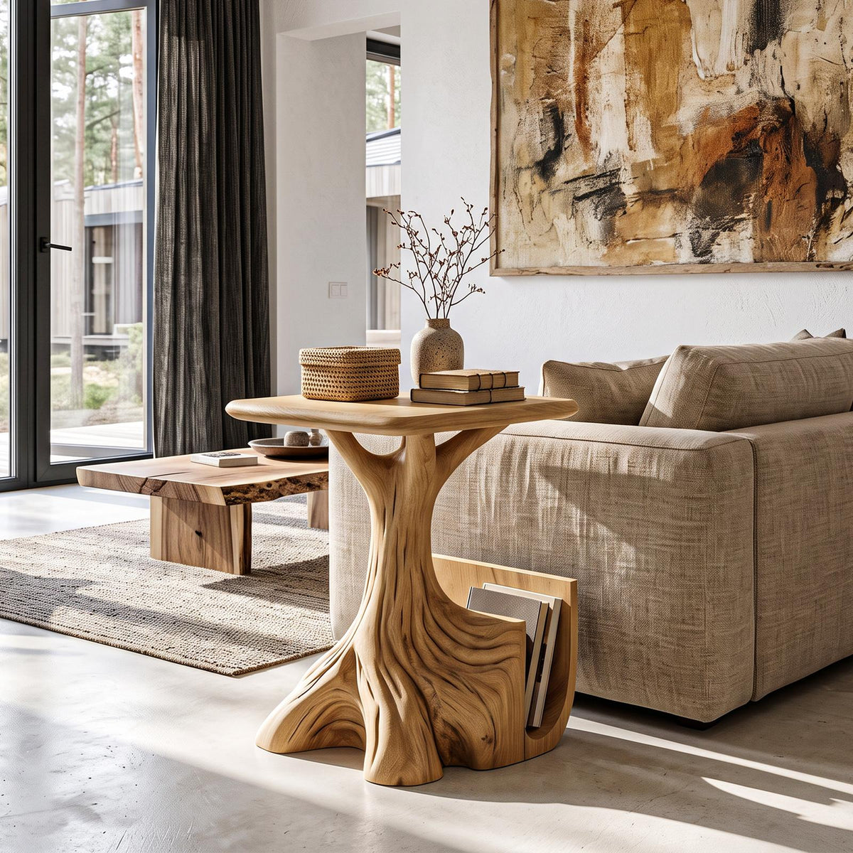 Contemporary Sculptural Side Table With Tree Inspired Base For Living Room