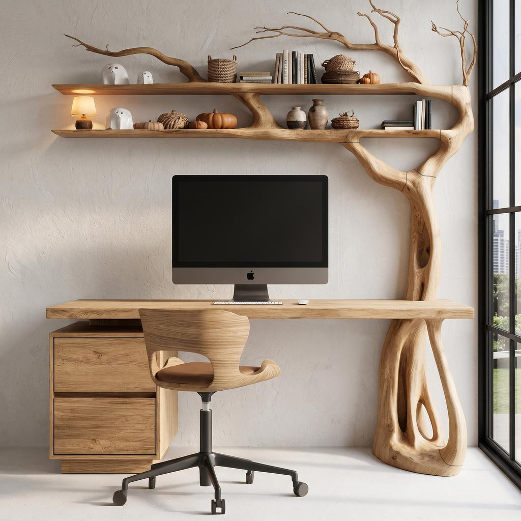 Natural Halloween Tree Desk With Spooky Branch Bookshelf For Bedroom