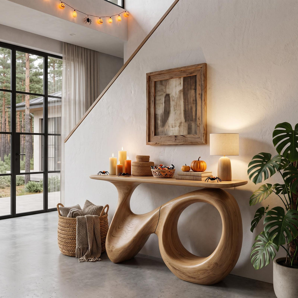 Natural Halloween Hallway Table With Carved Gothic Arch Frame For Foyer