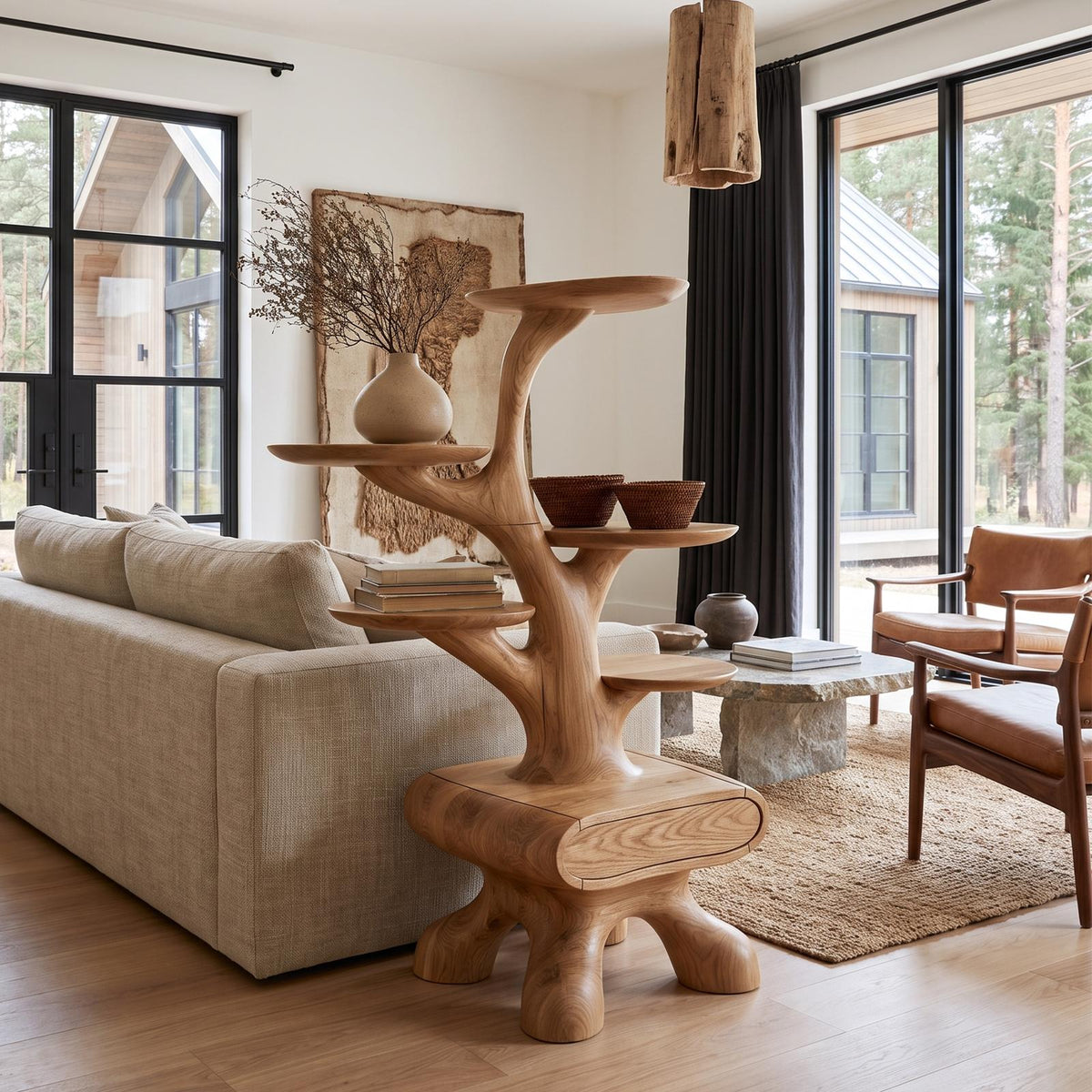 Rustic Tree Side Table With Tiered Display Shelves For Living Room