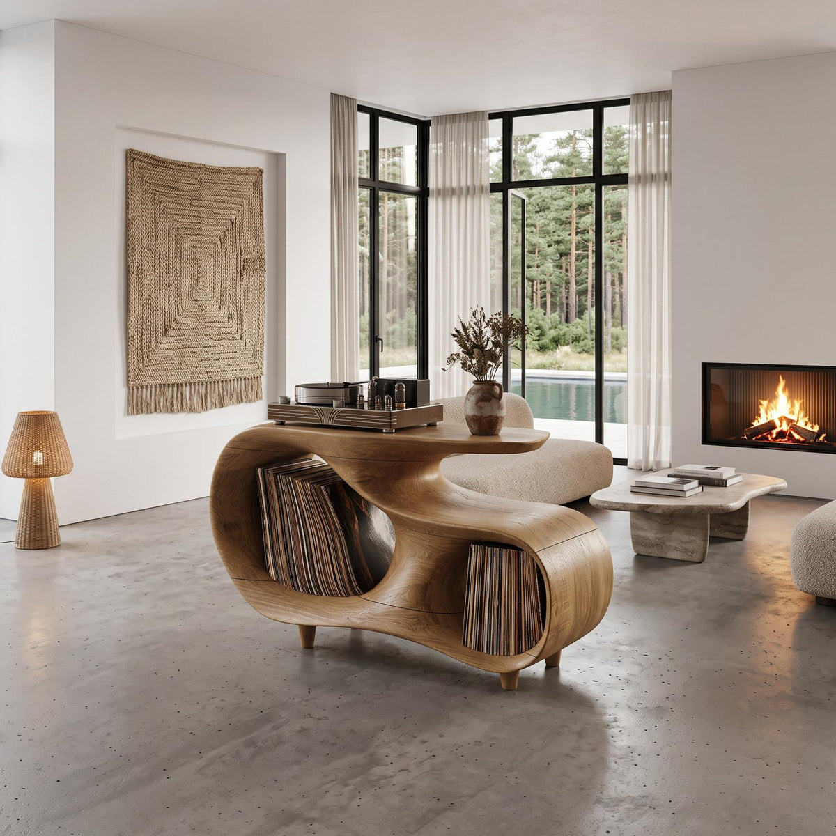 Contemporary Turntable Stand With Flowing Open Frame Design For Entryway