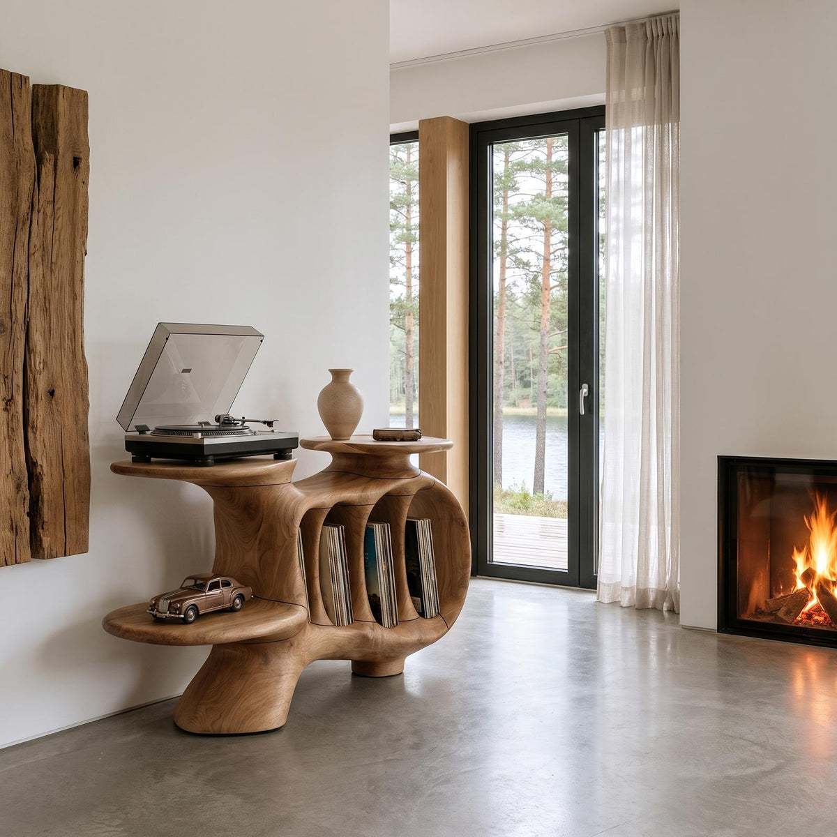 Natural Turntable Console With Sculptural Display Sections For Living Room