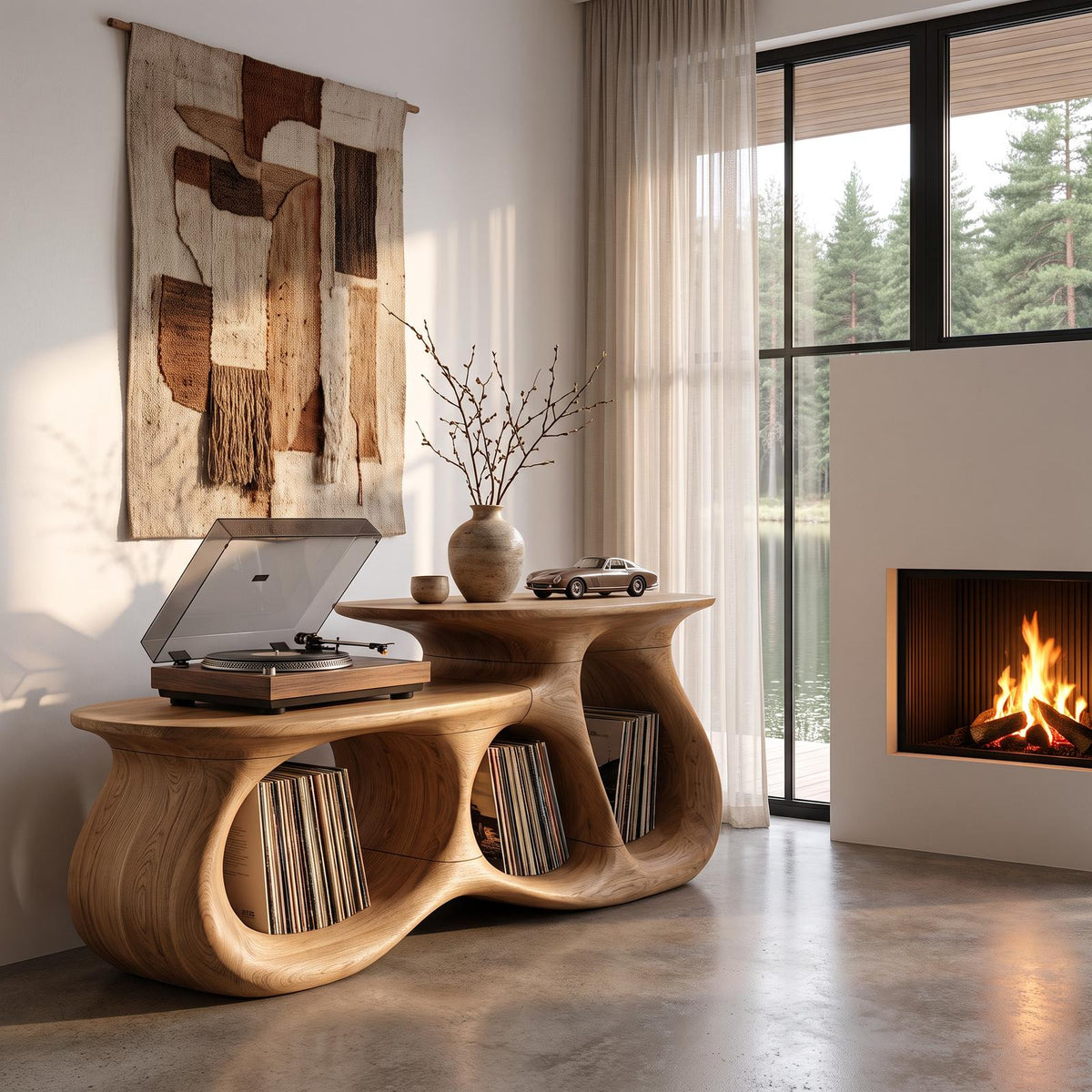 Contemporary Vinyl Record Cabinet With Interlocking Curved Forms For Living Room