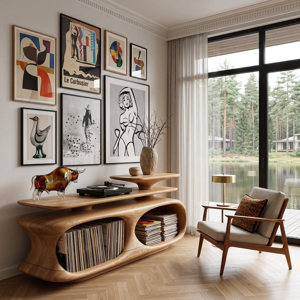 Mid Century Record Cabinet With Bold Circular Openings For Living Room