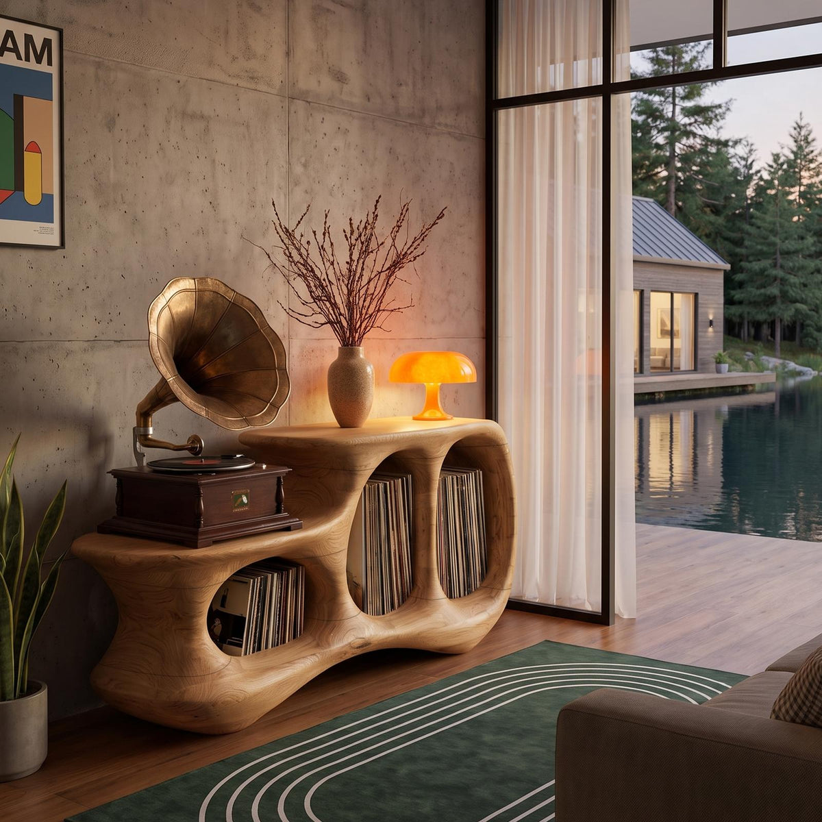 Natural Record Player Stand With Flowing Sculptural Frame For Living Room