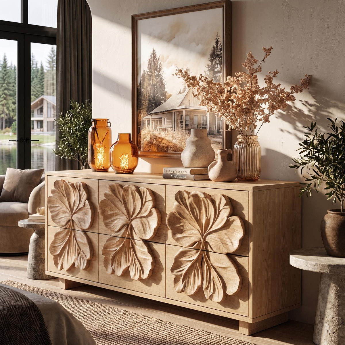 Rustic Bedroom Dresser With Hand Carved Floral Drawer Fronts And Natural Form For Bedroom
