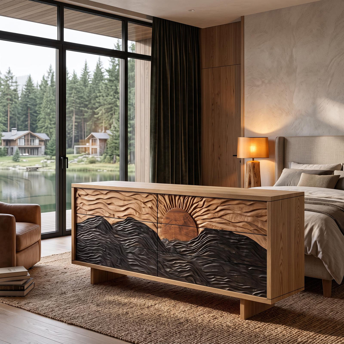 Modern Black Dresser With Mountain Landscape Carved Front For Bedroom