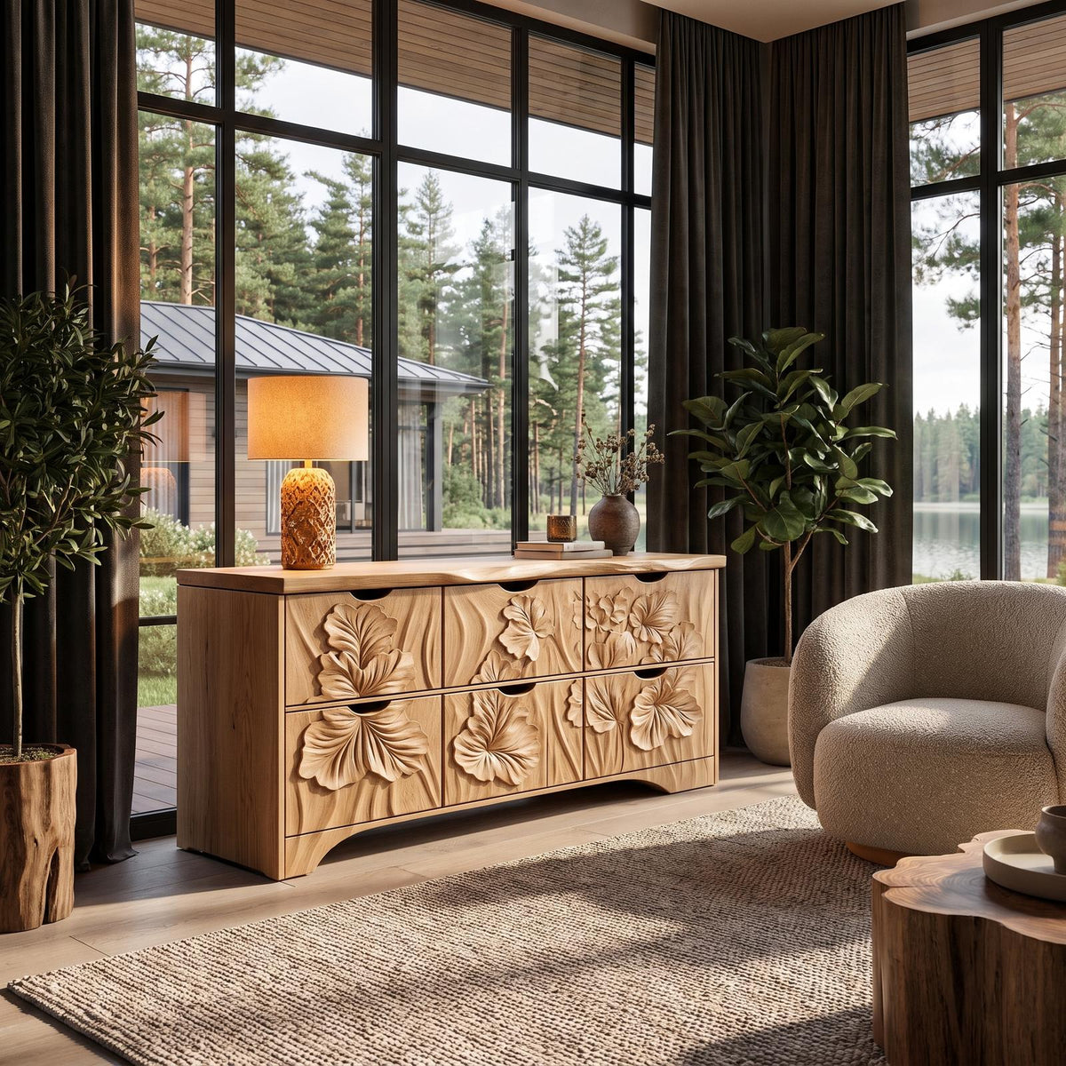 Organic Bedroom Dresser With Flowing Leaf Carved Design For Bedroom