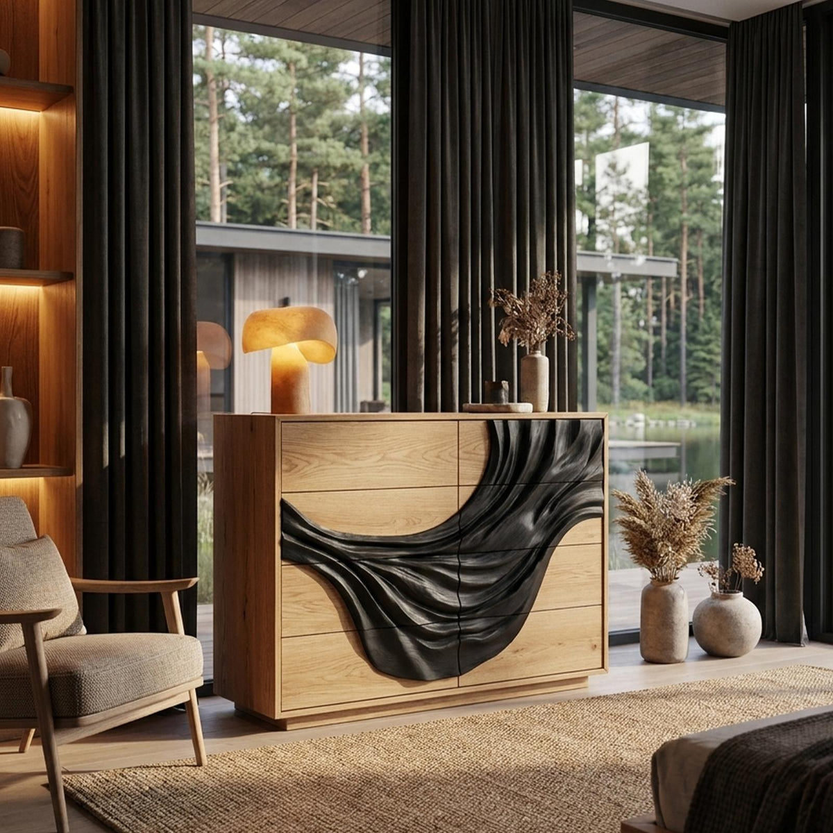Contemporary Black Dresser With Strong Linear Detailing For Bedroom