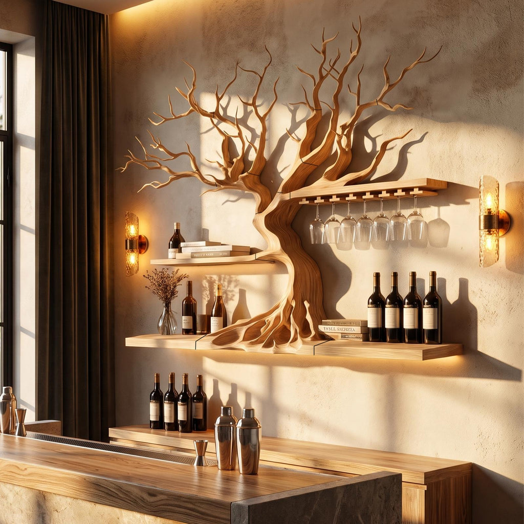 Modern Wooden Wine Rack With Sculptural Tree Frame For Kitchen And Dining Room