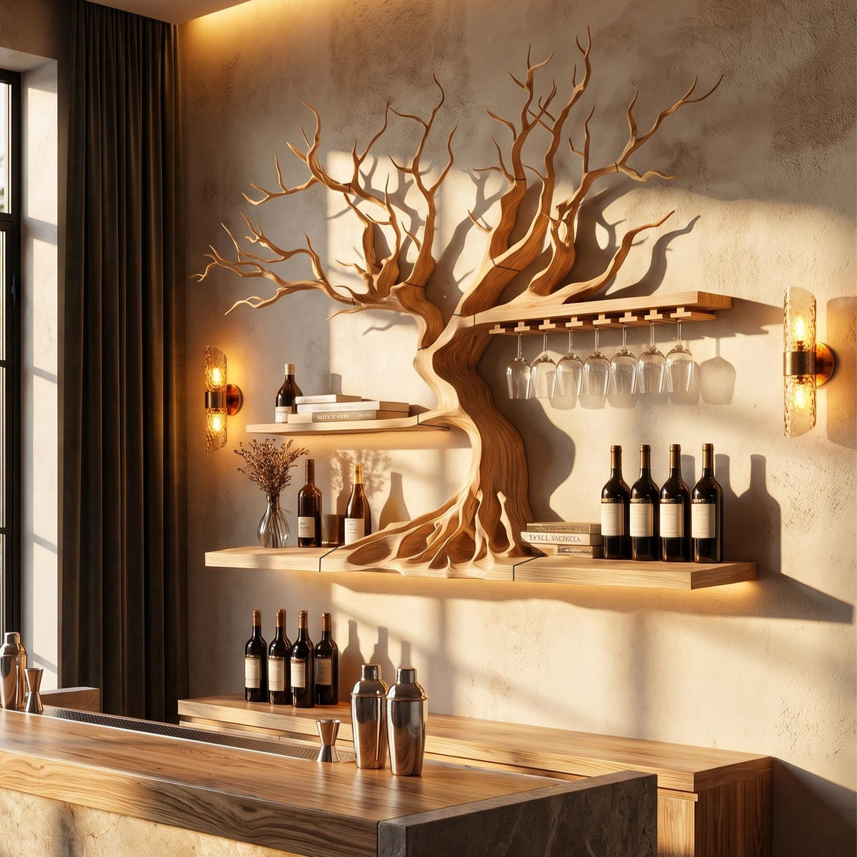 Modern Wooden Wine Rack With Sculptural Tree Frame For Kitchen And Dining Room