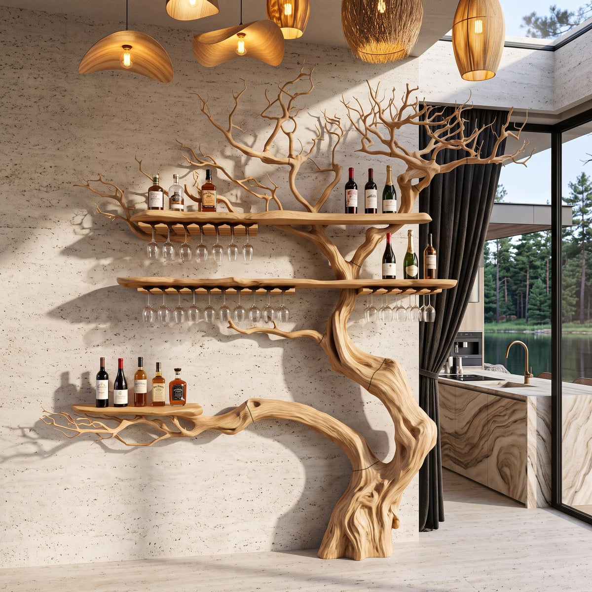 Farmhouse Wall Hanging Wine Rack With Rustic Tree Silhouette For Dining Room