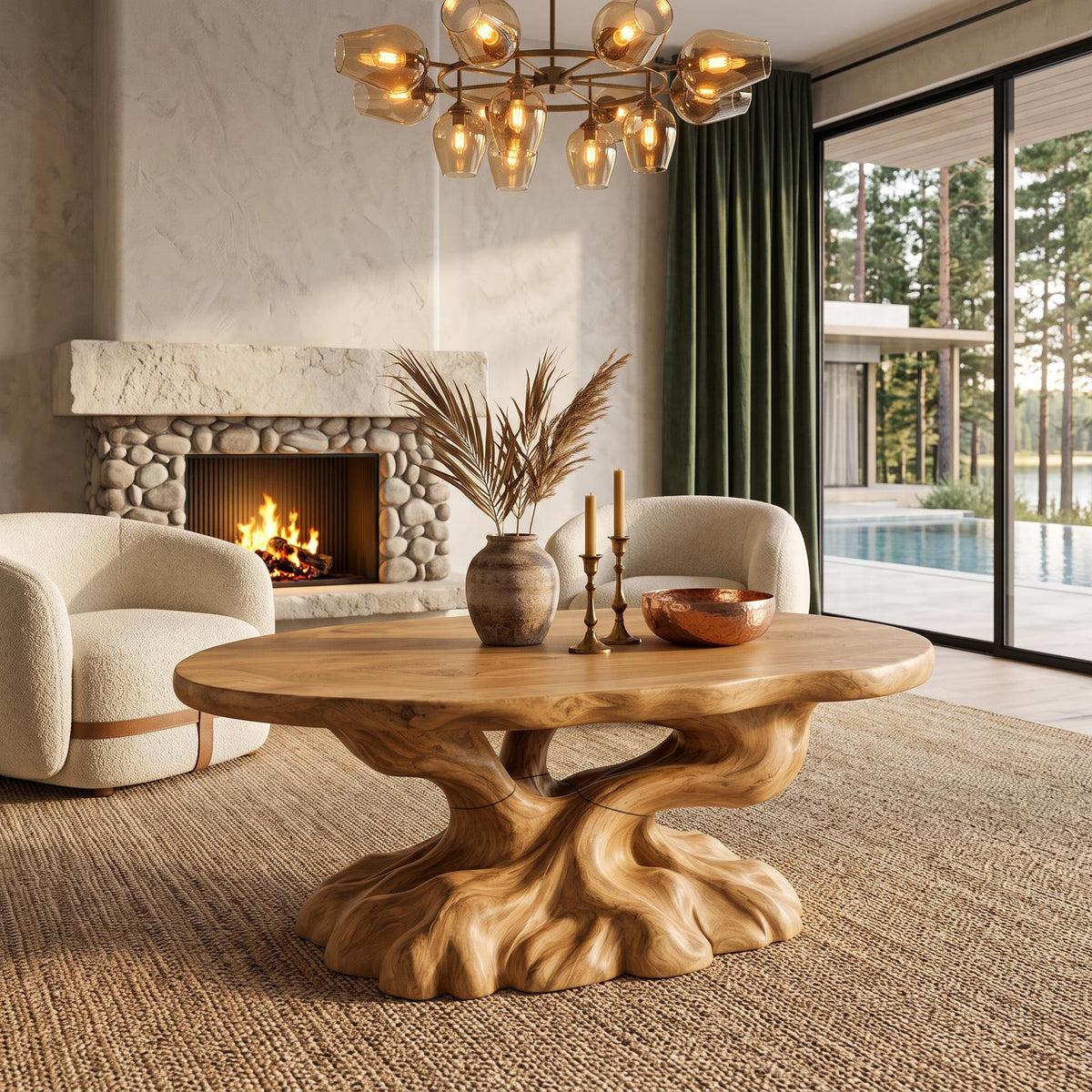 Rustic Coffee Table With Tree Root Inspired Base For Living Room