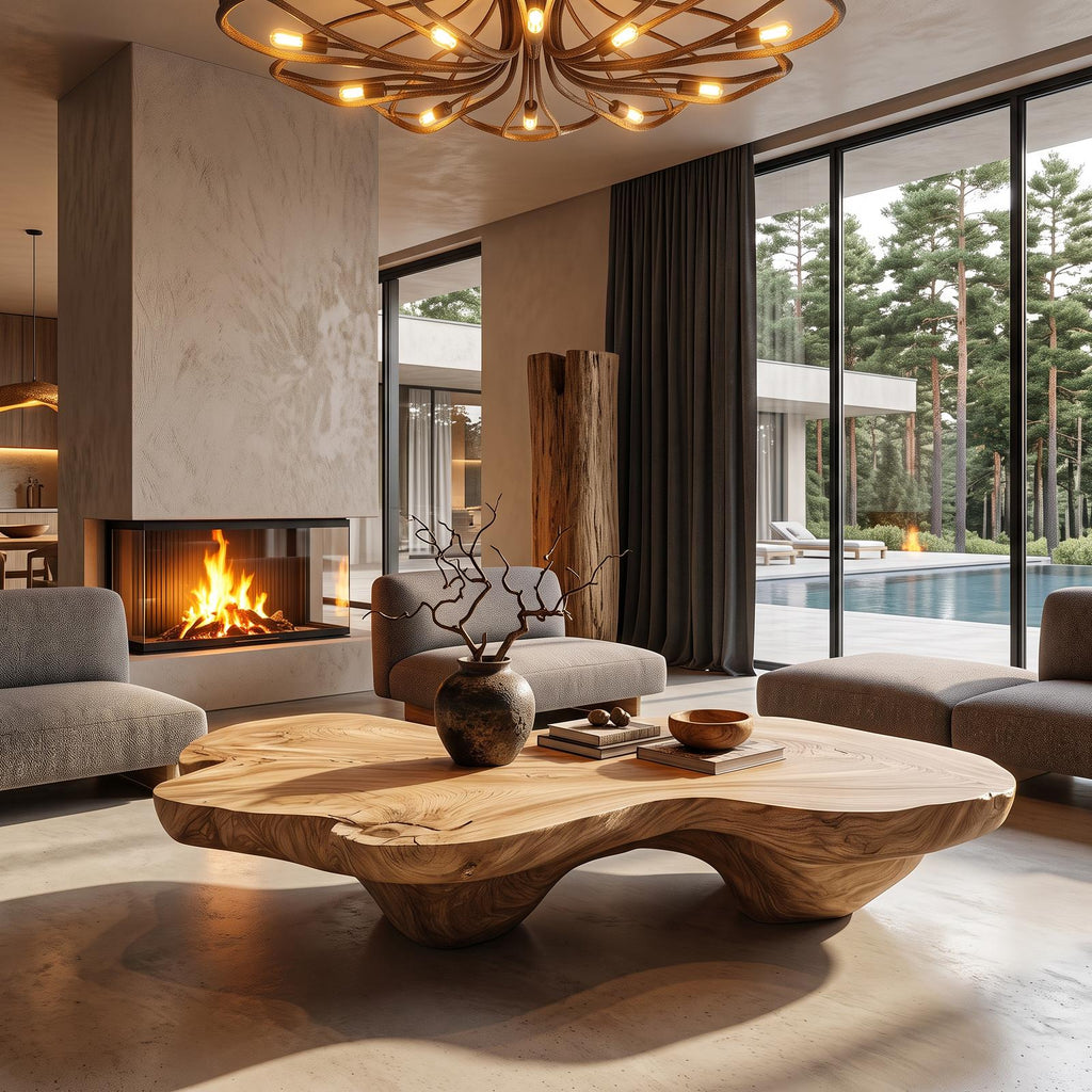 Rustic Walnut Coffee Table With Freeform Live Edge Top For Living Room