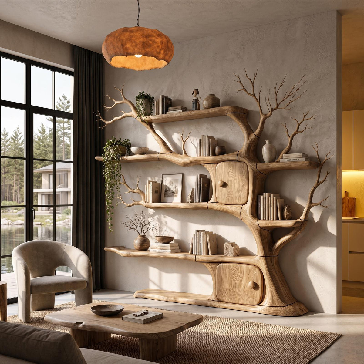 Rustic Wall Mounted Tree Bookshelf With Trunk Inspired Cabinet For Reading Room