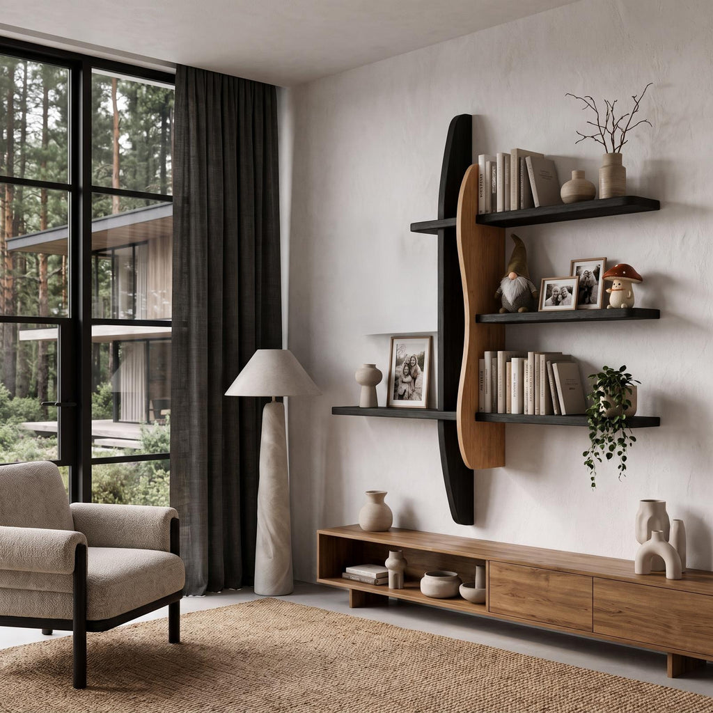 Modern Wall Bookshelf With Asymmetrical Open Shelves For Living Room