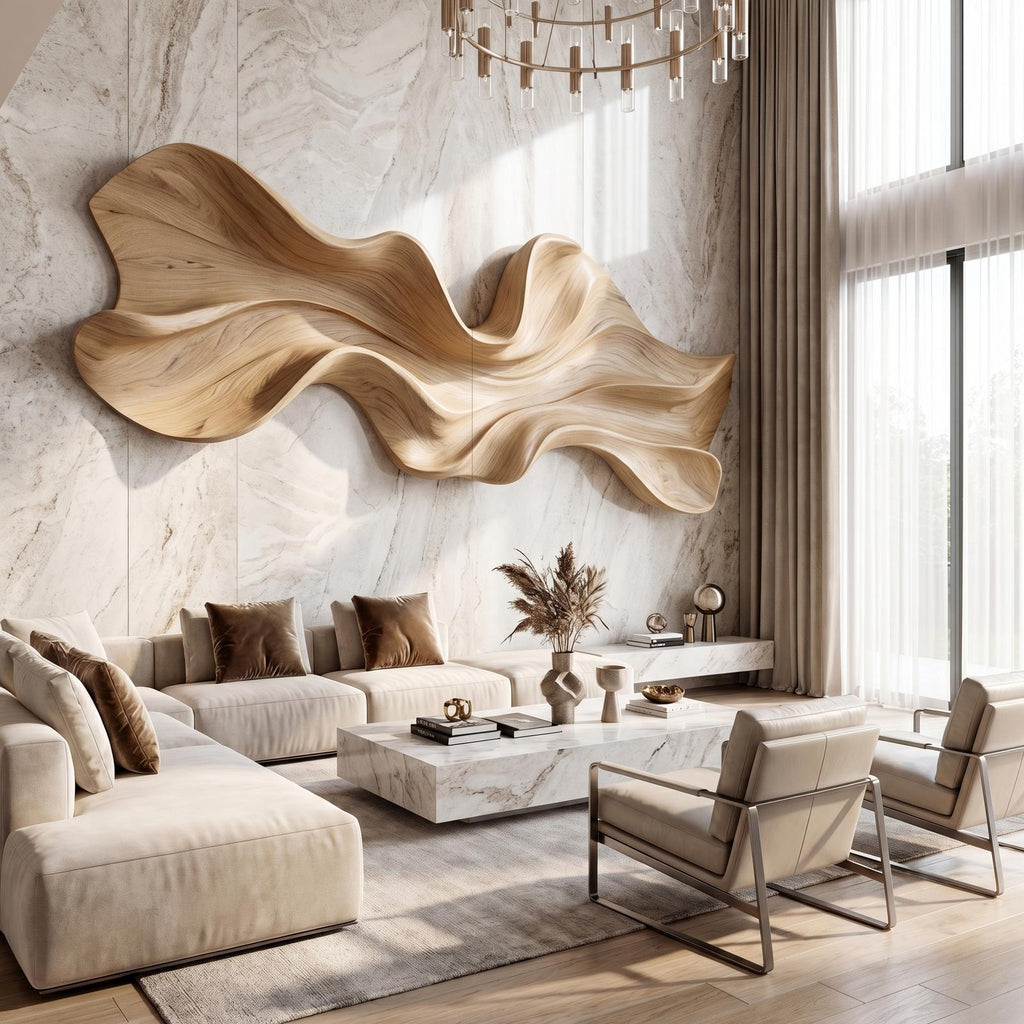 Modern Sculptural Wood Wall Decor, Handcrafted Abstract 3D Wooden Wall Art Panel for Office and Home Living Room