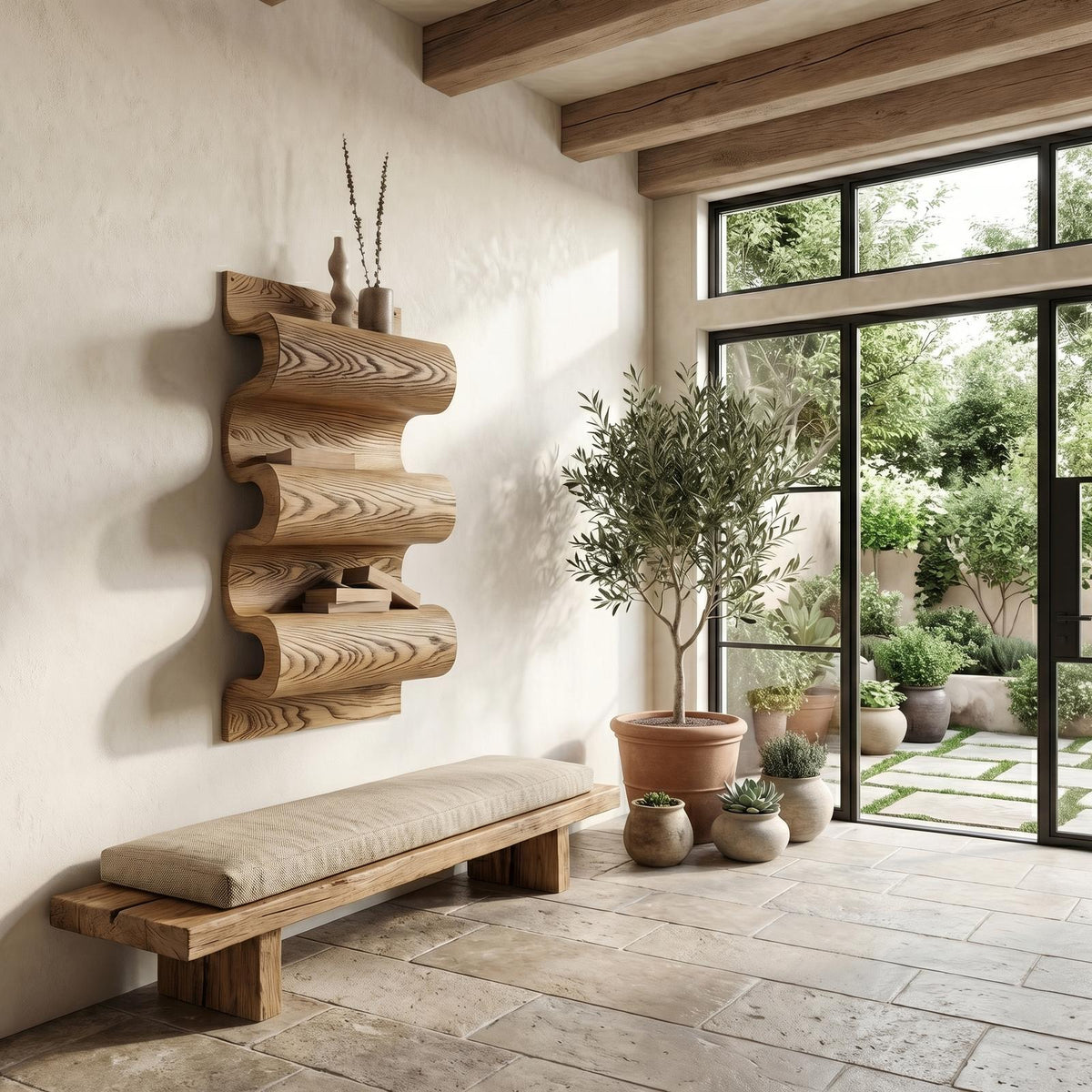 Unique Sculptural Wall Bookshelf, Floating Solid Wood Wave Display Shelf for Living Room & Bedroom