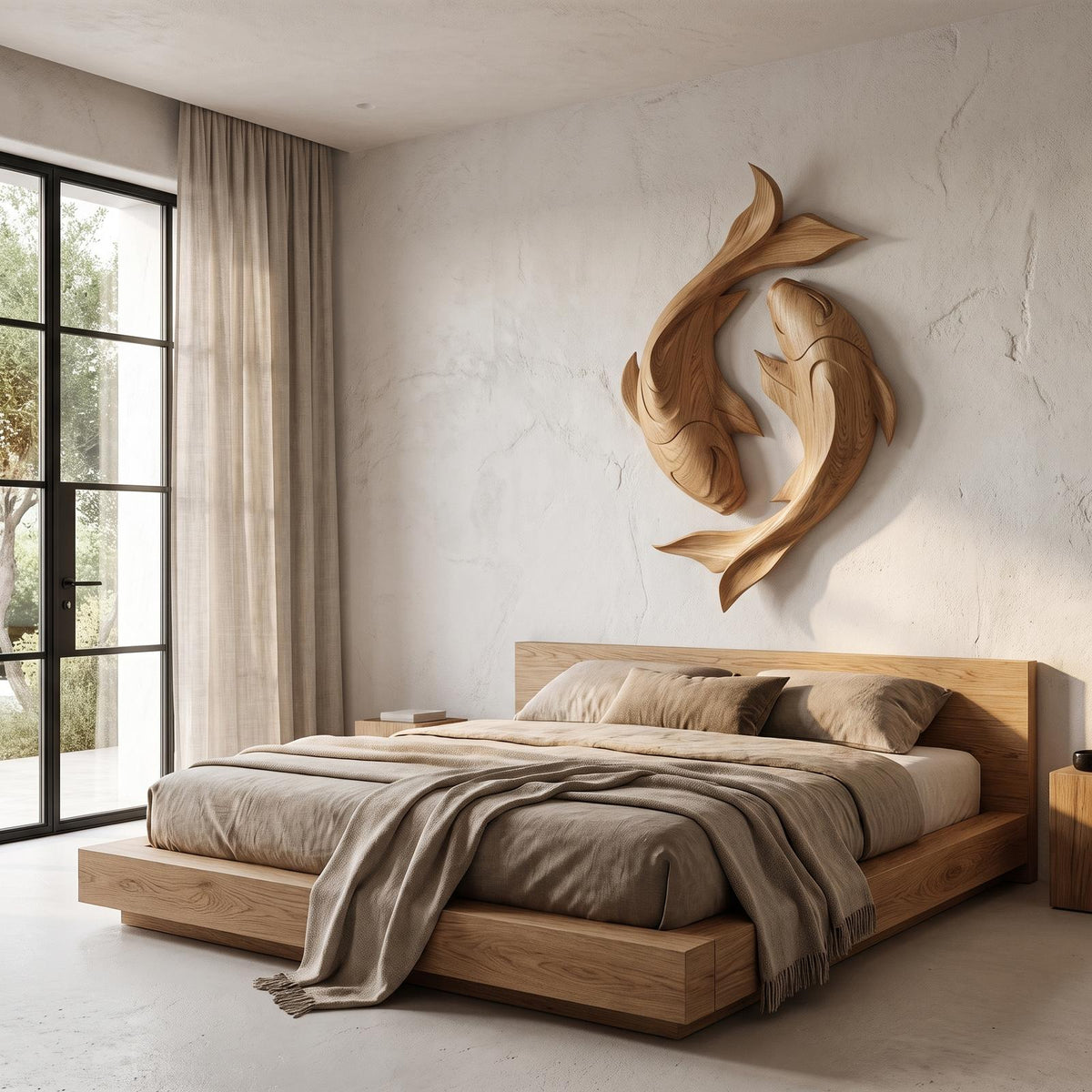 Contemporary Wood Wall Sculpture With Carved Koi Fish Design For Living Room And Office SINLHAWA143