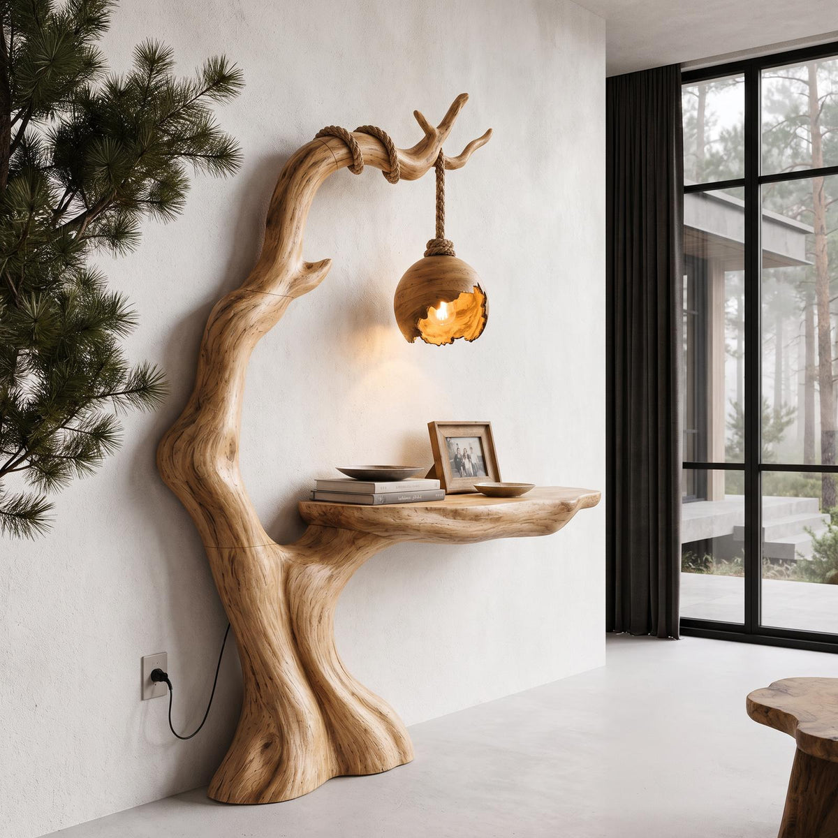 Organic Console Table With Tree Branch Floor Lamp Design For Entryway And Living Room SINLHACS689