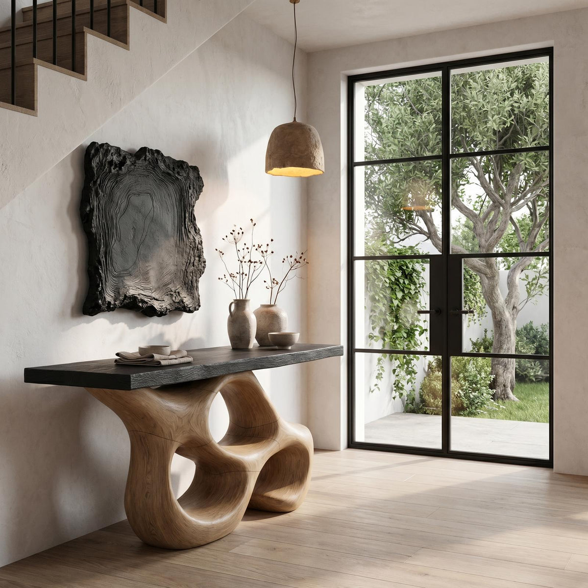 Spry Interior Artistic Sculptural Console Table, Abstract Hollow Wood Base Entryway Table for Living Room, SINLHACS579