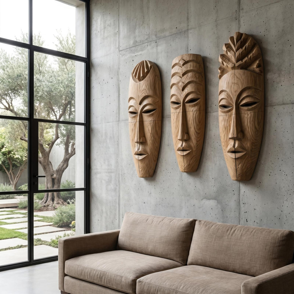 Tribal Wooden Wall Art Set, Hand-Carved African Mask Design Wooden Plaque for Entryway & Living Room