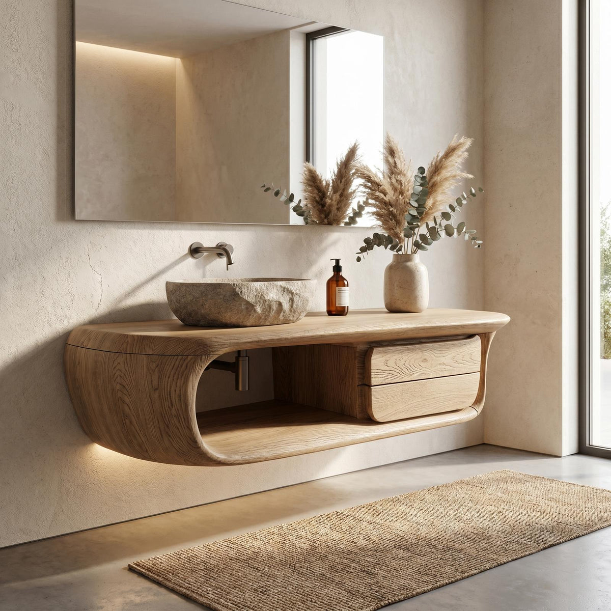 Spry Interior Floating Bathroom Vanity with Curved Wood Base, Wall Mounted Solid Wood Storage Drawer Sink Console, SINLKIBRV304