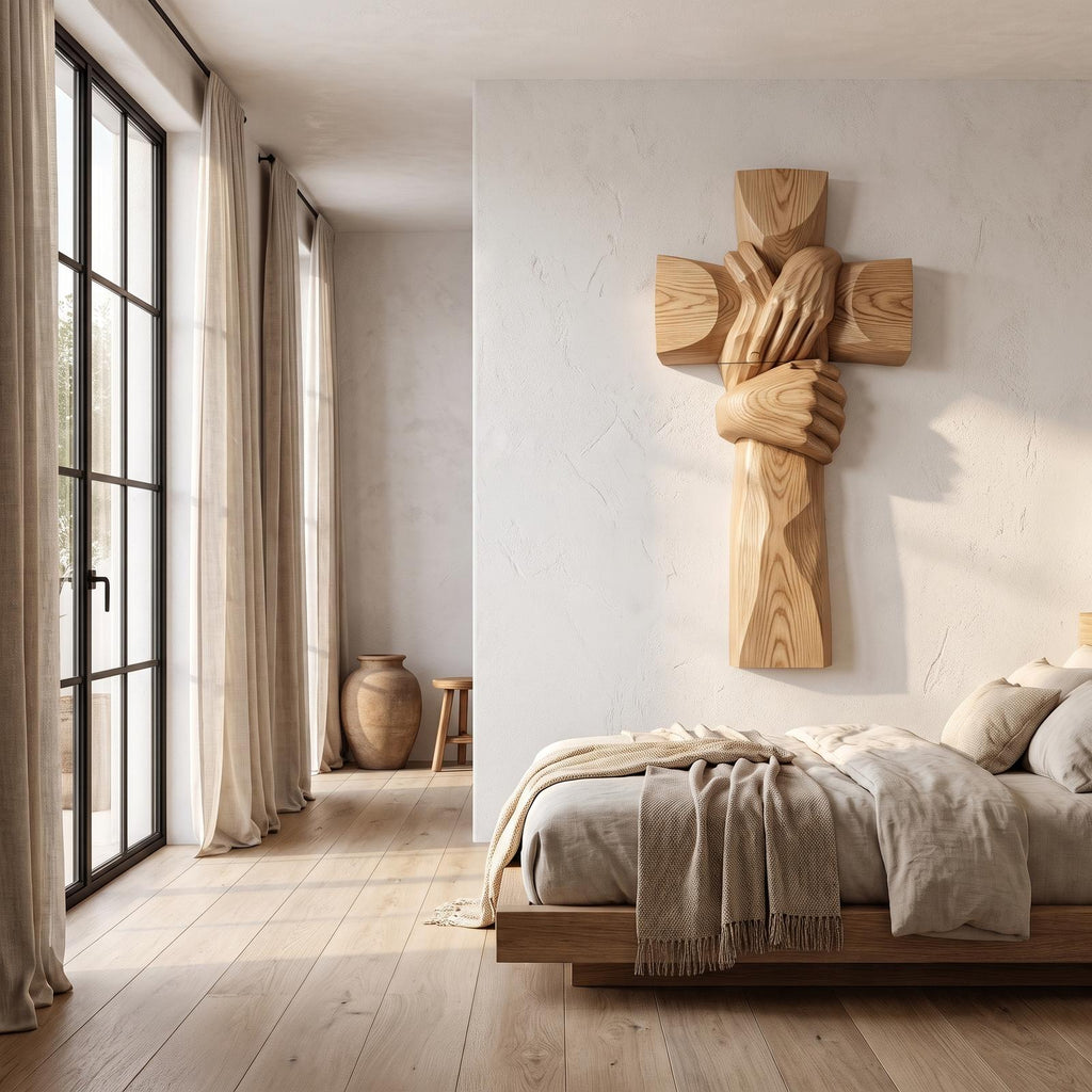 Rustic Wood Cross Wall Art With Praying Hands Design For Living Room And Prayer Room
