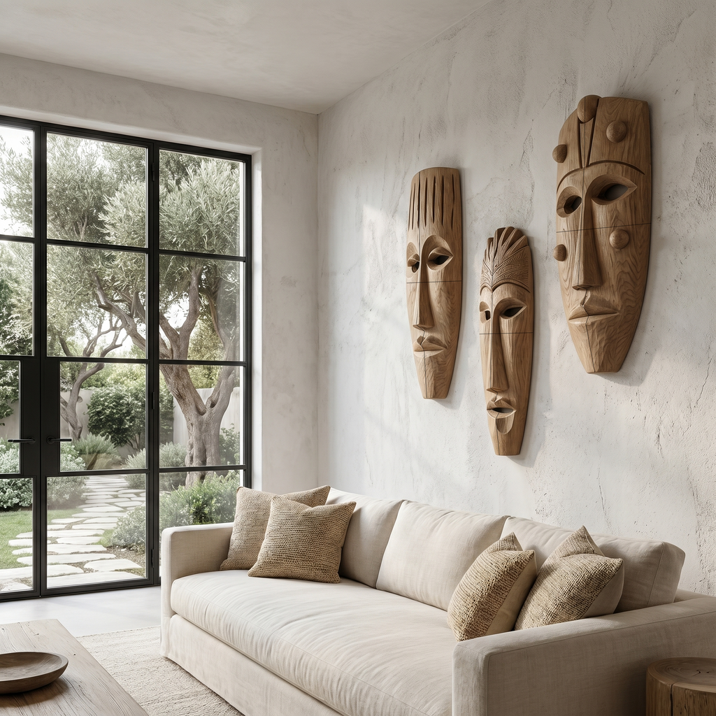 Hand-Carved Wooden Wall Art Set, Tribal Mask Decorative Wood Hanging Sculptures for Living Room & Entryway