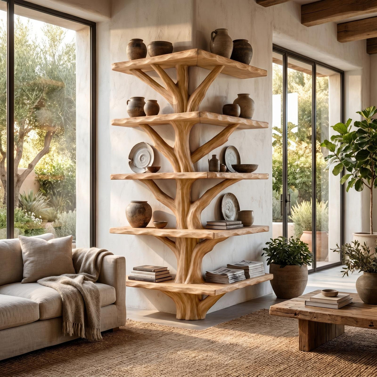 Organic Modern Tree Bookcase, Artistic Branch Solid Wood Storage Rack for Home Office & Study Room