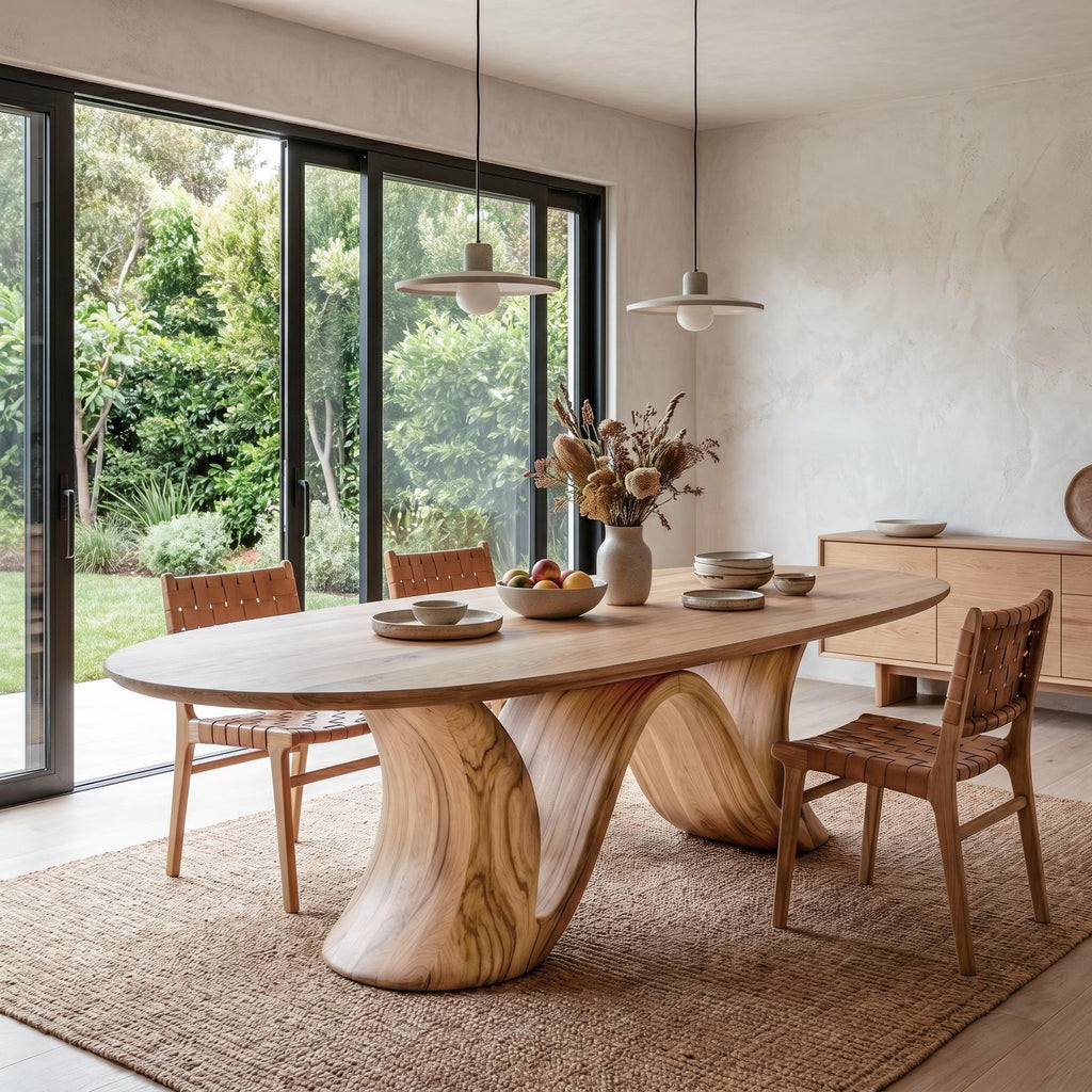 Organic Modern Round Dining Table, Handcrafted Solid Wood Pedestal Table for Dining Room & Kitchen