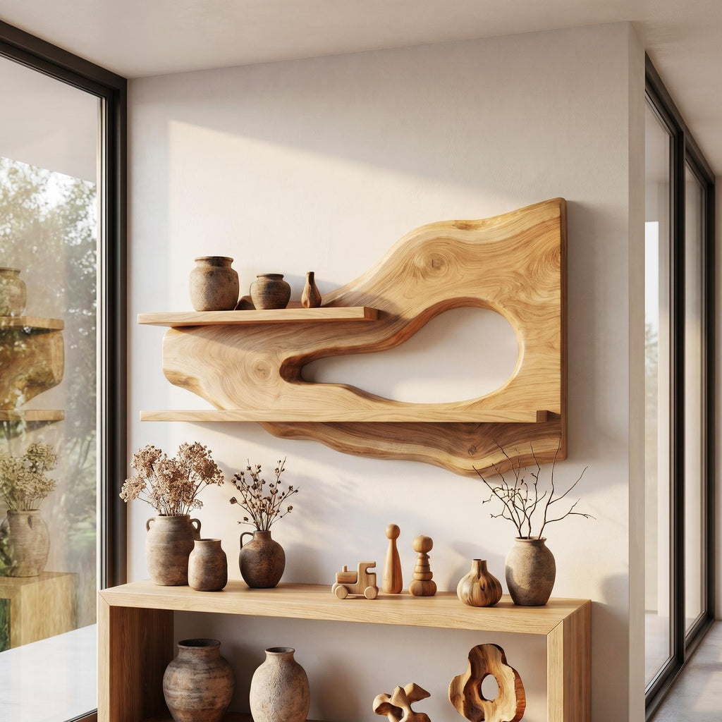 Modern Organic Floating Wall Shelf, Solid Wood Natural Edge Ledge for Entryway, Living Room Decorative Display