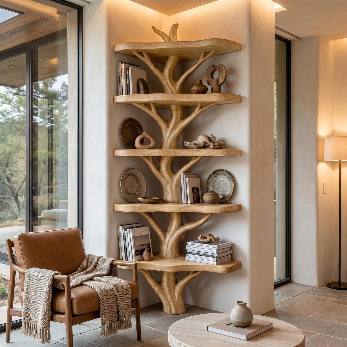 Sculptural Tree Bookshelf, Handcrafted Solid Wood Multi-Tier Open Shelving Unit for Cozy Reading Corner
