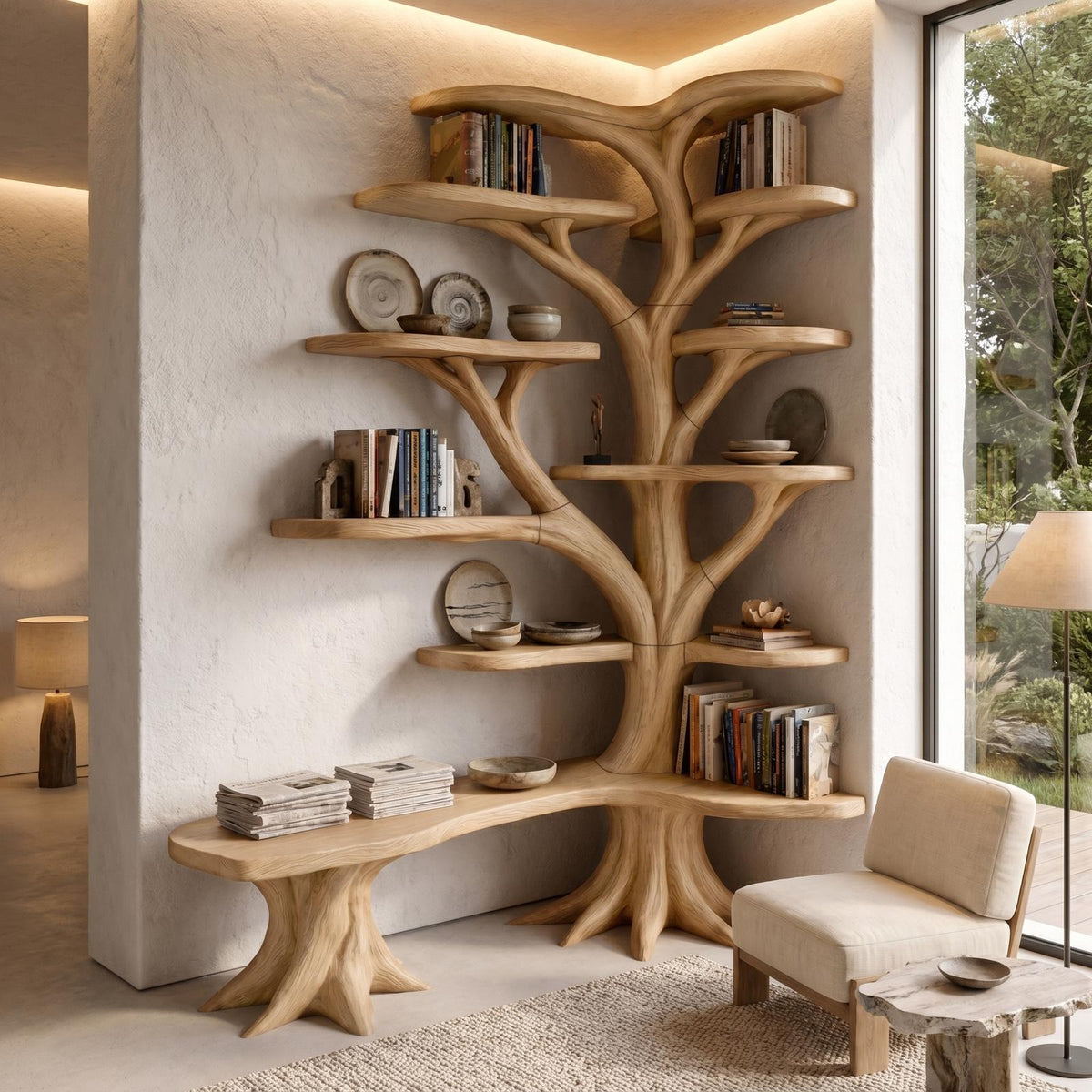 Organic Tree Bookshelf, Sculptural Branch Design Solid Wood Multi-Tier Display Rack for Living Room