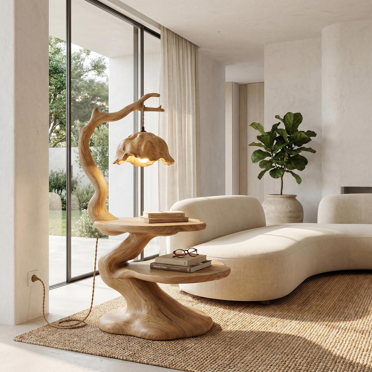 Rustic Bedside Table with Tree Root Design & Hanging Lamp, Handcrafted Solid Wood Nightstand for Bedroom