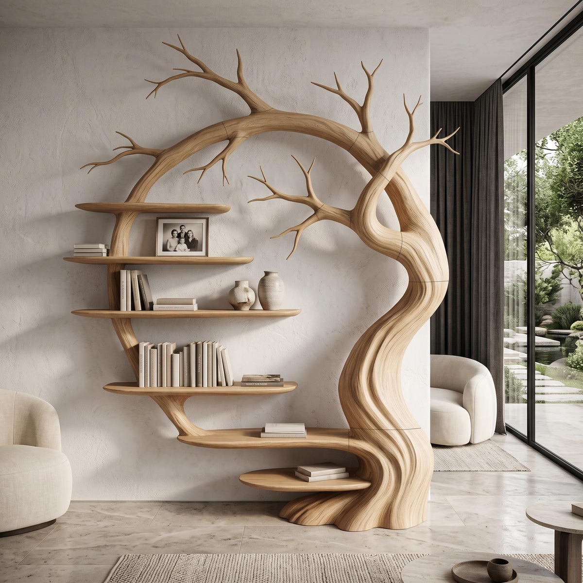 Rustic Tree Bookshelf With Sculptural Tree Branch Design For Living Room And Home Office