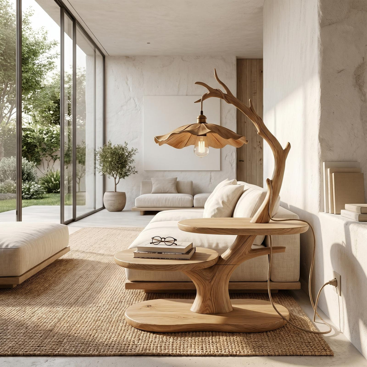 Sculptural Bedside Table with Tree Branch Lamp, Open Storage Shelves, Solid Wood Nightstand for Bedroom