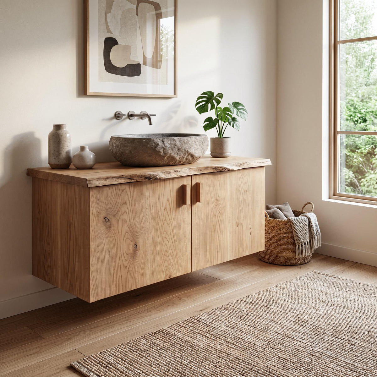 Spry Interior Rustic Natural Wood Bathroom Vanity, Handcrafted Solid Wood Storage Cabinet and Sink Console for Farmhouse Powder Room, SINLHABRV296