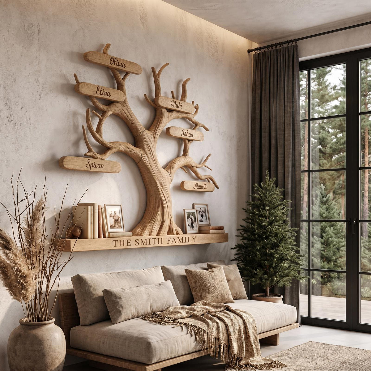 Organic Personalized Tree Wall Bookshelf With Custom Family Name For Living Room And Home Office