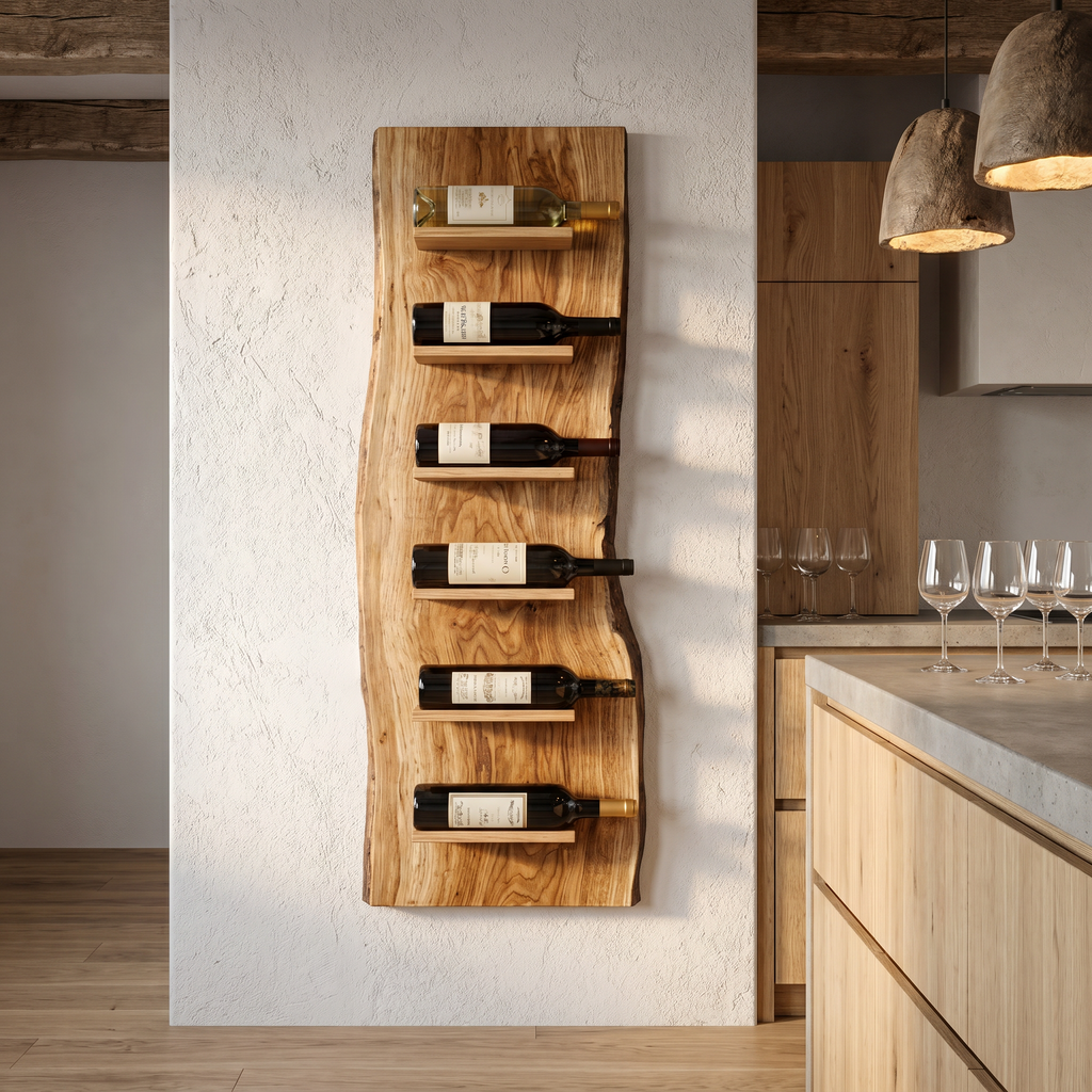 Organic Wall Mounted Wine Rack, Handcrafted Natural Wood Hanging Bottle Holder for Kitchen & Bar