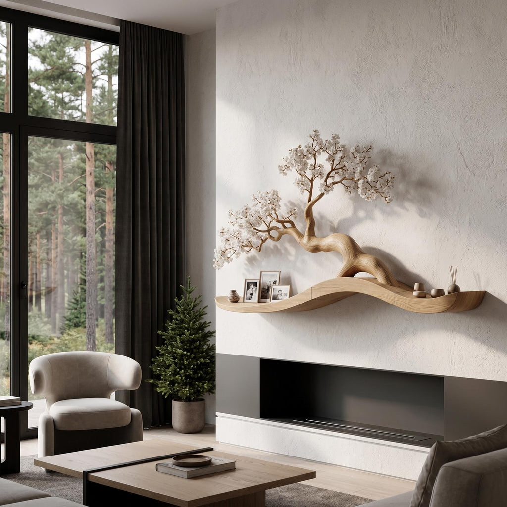 Organic Wall Mounted Shelf With Sculptural Tree Branch Design For Living Room And Bedroom